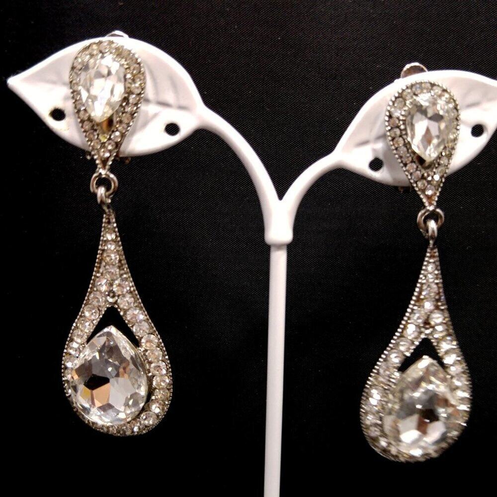 Vintage Clear Rhinestone Dangle Earrings, Clip on, Silver Tone, 2 3/4 Inches